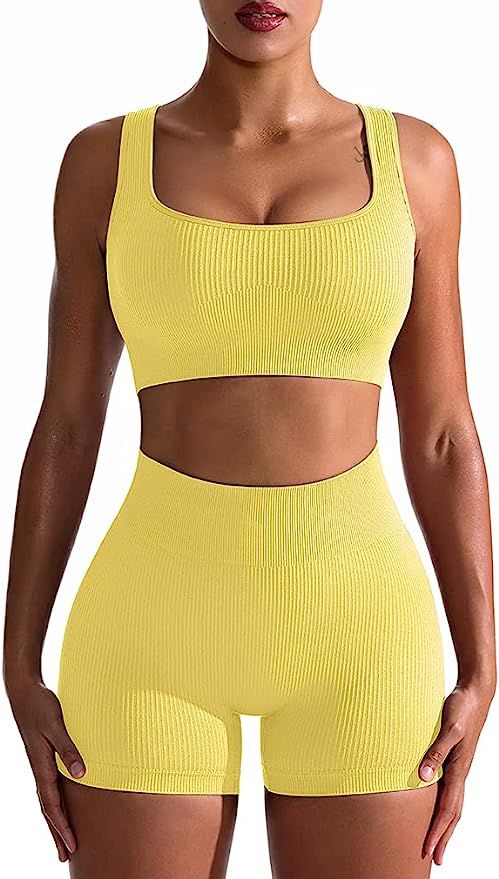 OQQ Workout Outfits for Women 2 Piece Seamless Ribbed High Waist Leggings with Sports Bra Exercis... | Amazon (US)