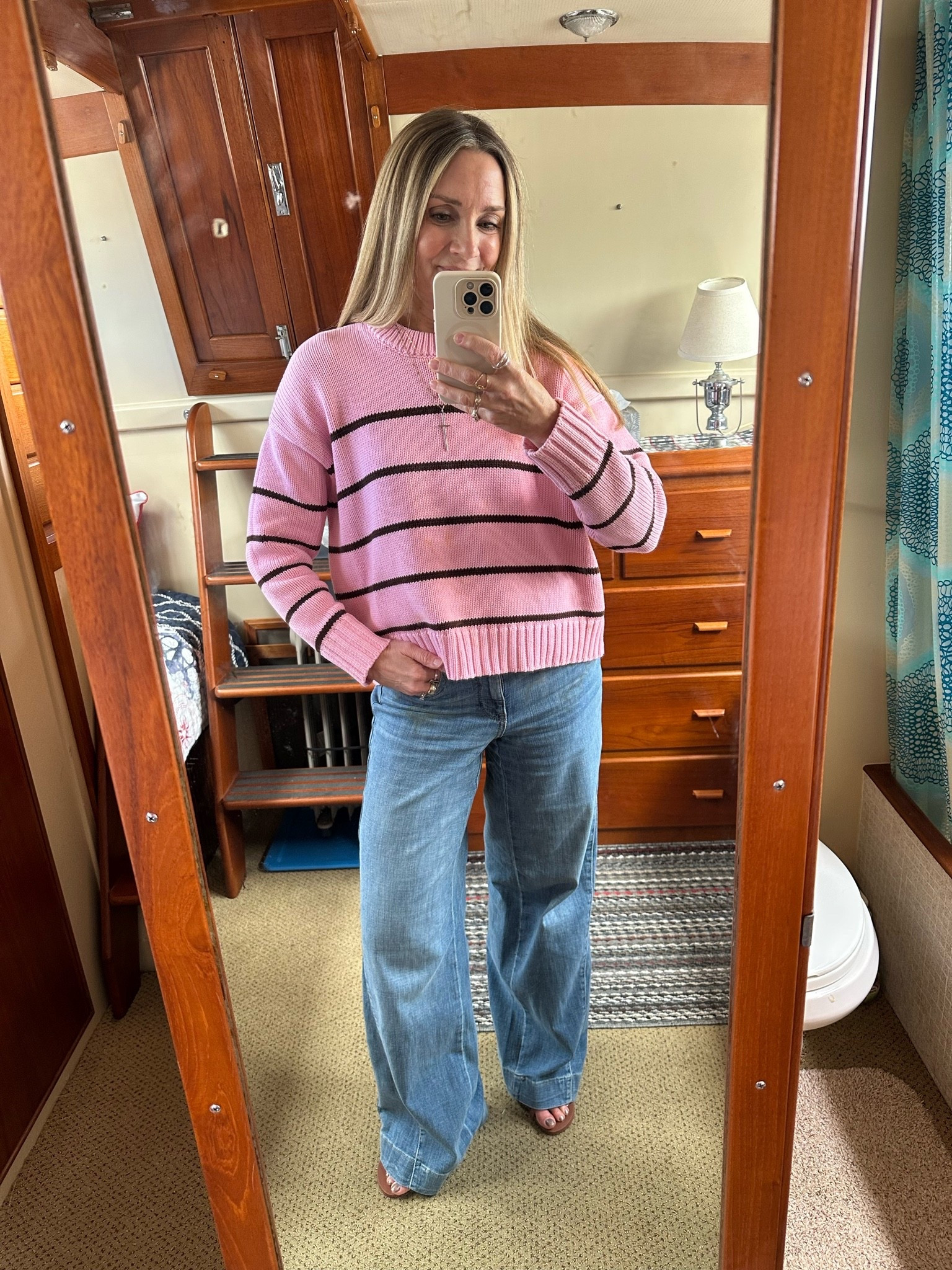 Today’s outfit! Fun new color in this bestselling @Quince striped sweater! Obsessed with the fit and style of these @NYDJ jeans, wearing size 0.

#LTKootd #LTKOver40 #LTKdayinmylife