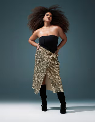 ASOS DESIGN Curve sequin wrap midi skirt in gold | ASOS (Global)