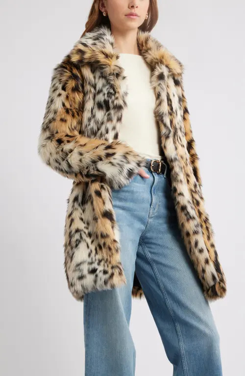 Open Edit Leopard Faux Fur Longline Coat in Leopard Print at Nordstrom, Size X-Large | Nordstrom