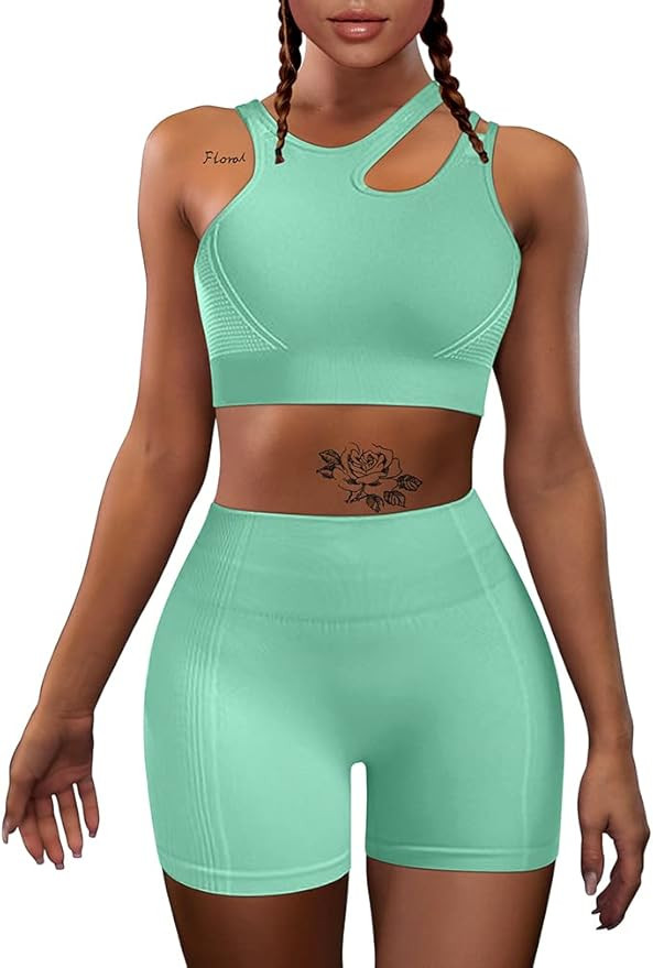 HYZ Women's Workout Yoga 2 Piece Outfits High Waist Sports Shorts Removable Padded Bra Set | Amazon (US)
