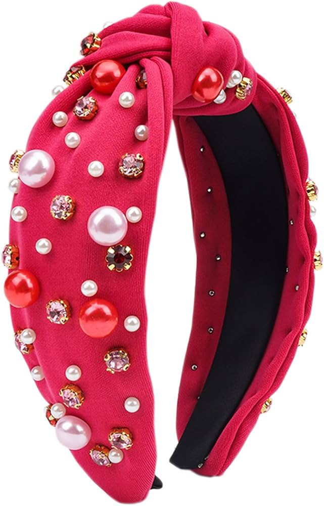 TULOBI Valentine's Day Headband for Women Pearl Knotted Headband Red Pink Pearl Rhinestone Crysta... | Amazon (US)