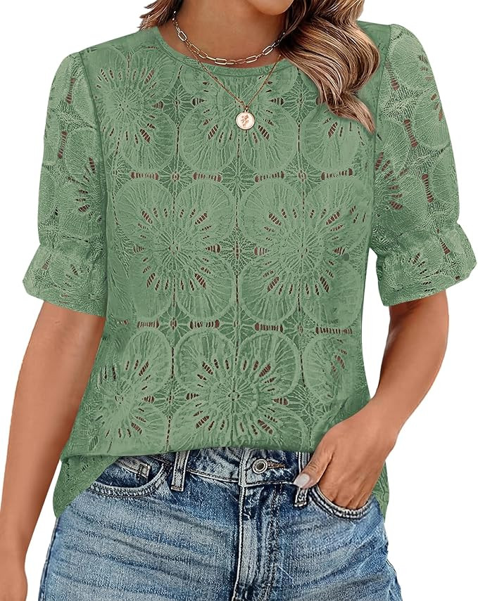 KIRUNDO Lace Tops for Women Blouses Dressy Casual Eyelet Top | Cute Puff Short Sleeve Shirts, Air... | Amazon (US)