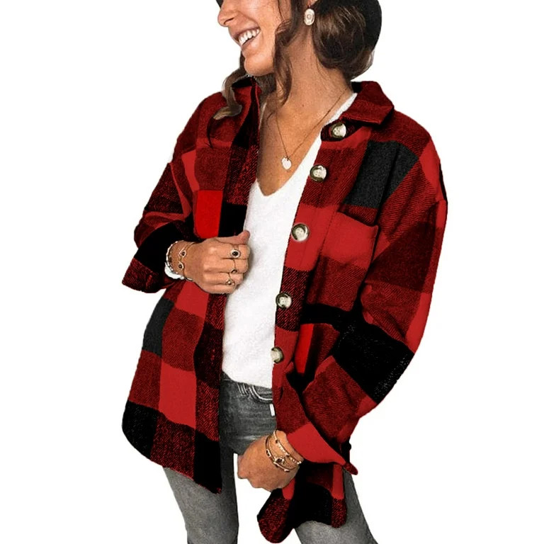 Fantaslook Womens Plaid Shirts Flannel Shacket Jacket Long Sleeve Button Down Boyfriend Shirt Coa... | Walmart (US)