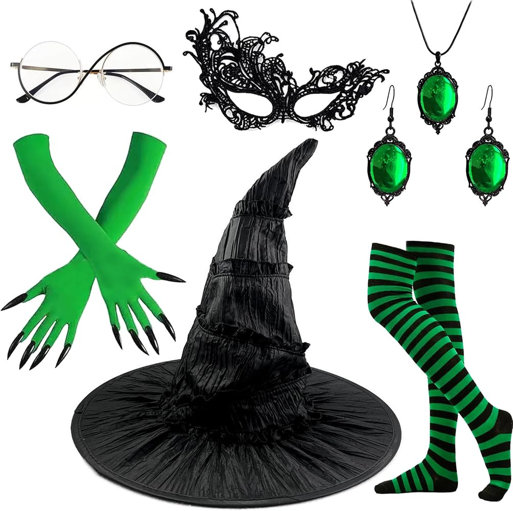 7 Pcs Women Halloween Witch Costume Accessories Set-Hat Gloves Glasses Socks Mask Necklace Earrin... | Amazon (US)