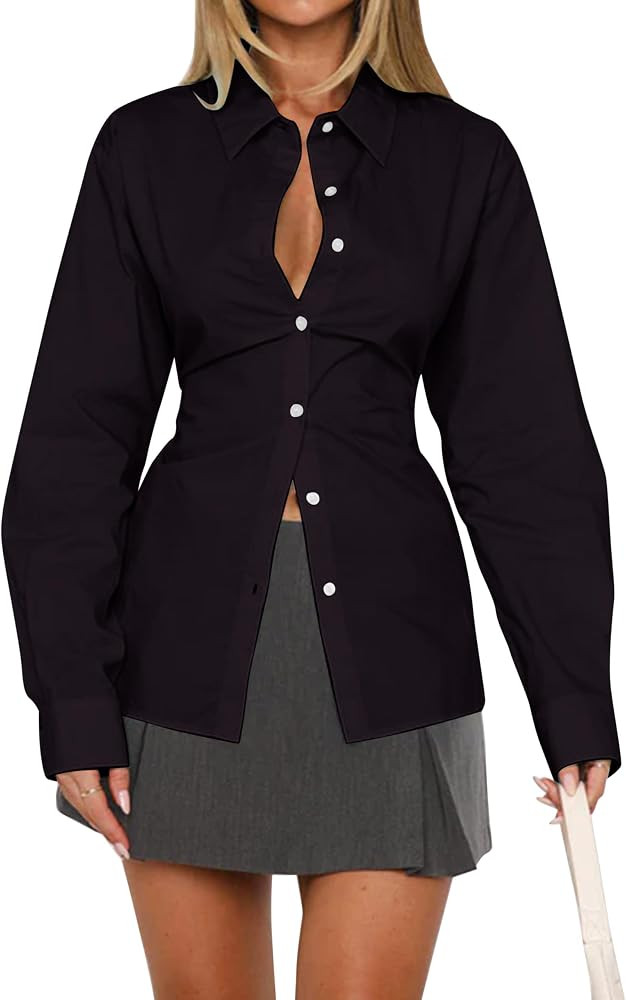 Women Long Sleeve Button Down Shirt Tie Back Cinched Waist Lapel Collar Corset Blouse Work Casual... | Amazon (US)