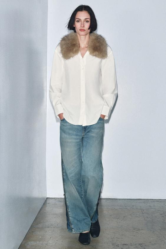 ZW COLLECTION FAUX FUR COLLAR POPLIN SHIRT | Zara US