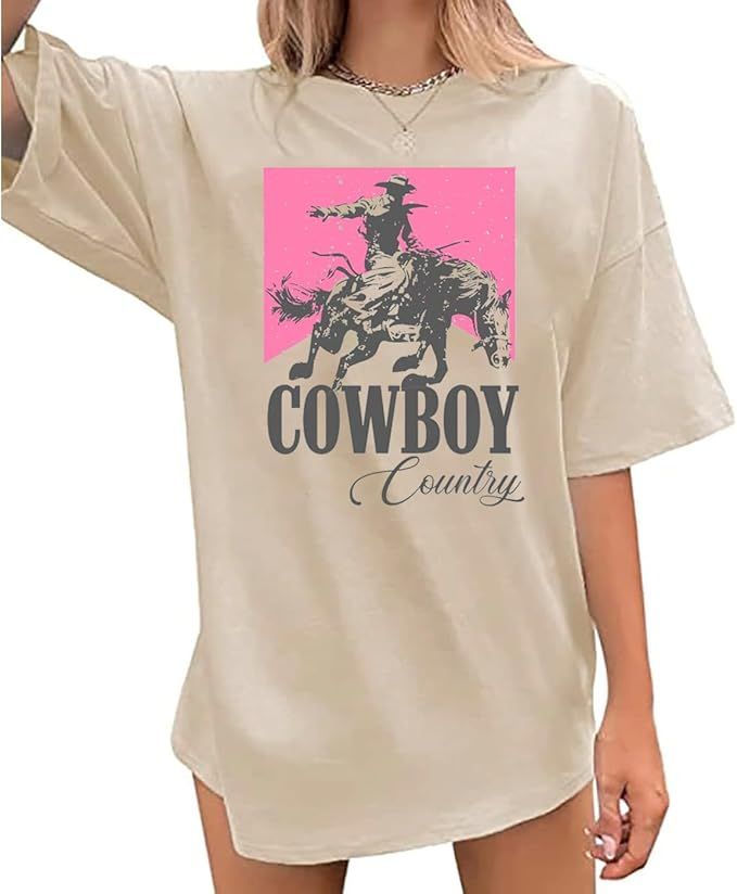 Cowboy Country Oversized T-Shirt for Women Western Rodeo Graphic Tee Loose Casual Cowgirls Short ... | Amazon (US)