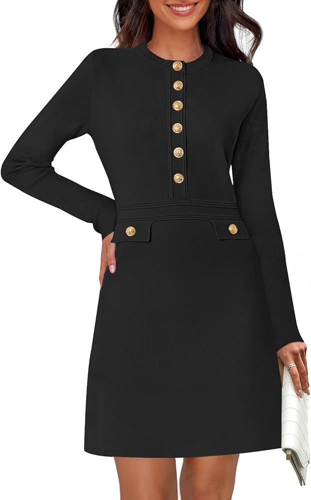 MEROKEETY Women's Fall 2025 Long Sleeve Bodycon Sweater Dress Button Crew Neck Winter Formal Mini... | Amazon (US)