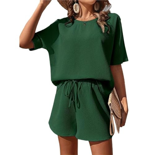 DQQJGYF Womens 2 Piece Outfits Women's Solid Color Short Sleeve Loose Set Fashion Elegant Shorts Two Piece Set(Green,M) | Amazon (US)