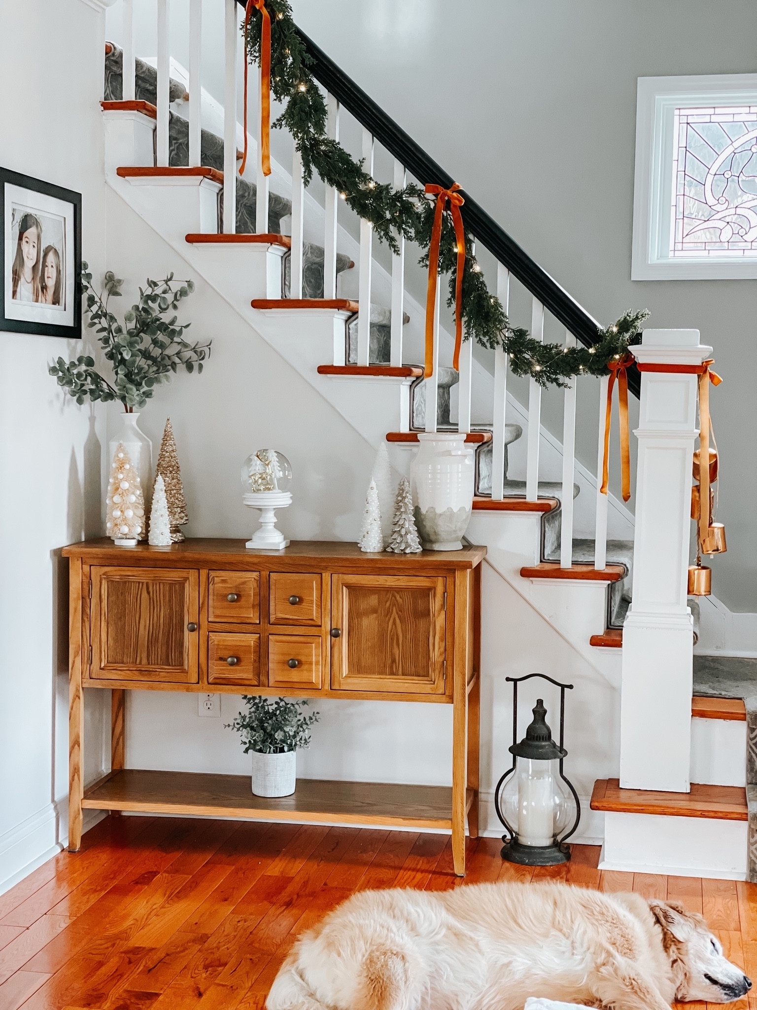 My favorite garland for staircase or table setting. It comes with the ribbon and a set of 3 bells.
*Golden Retriever not included 🤪

Used ribbon in other areas of the house. 

#LTKhome #LTKSeasonal #LTKHoliday