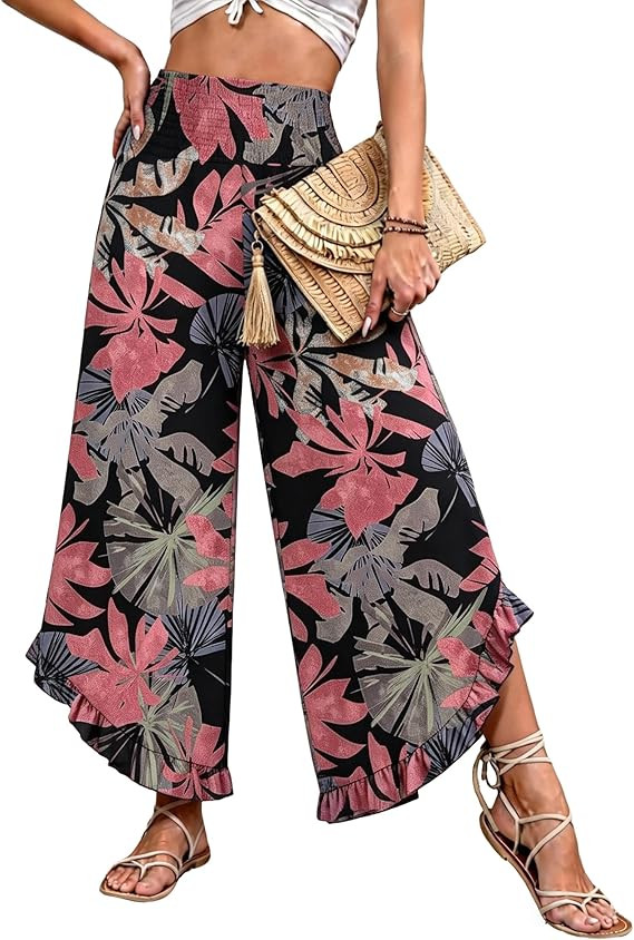 IEEILULU Wide Leg Pants for Women - Beach Pants for Women Flowy Floral Palazzo High Waisted Pants... | Amazon (US)