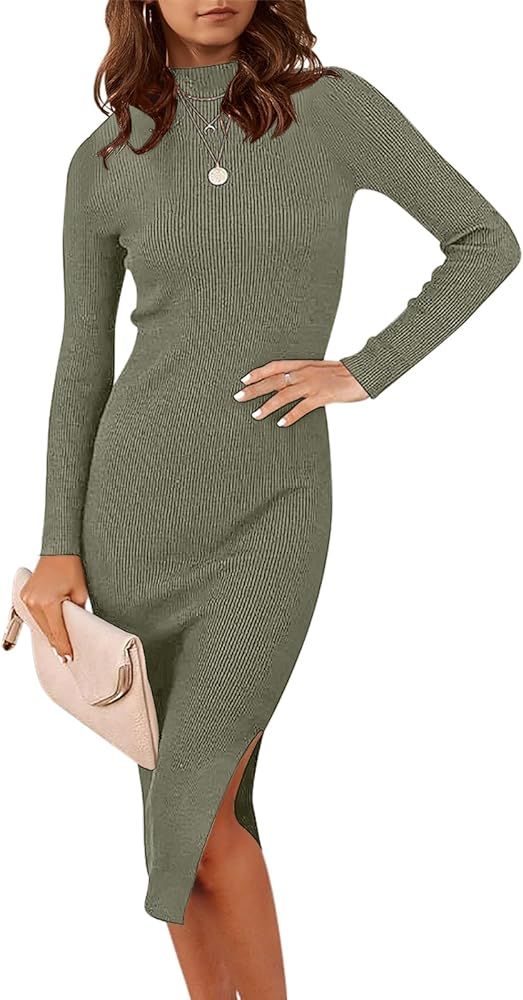 Women's 2023 Fall Long Sleeve Sweater Dress Turtleneck Slim Fit Ribbed Knit Slit Midi Dress | Amazon (US)