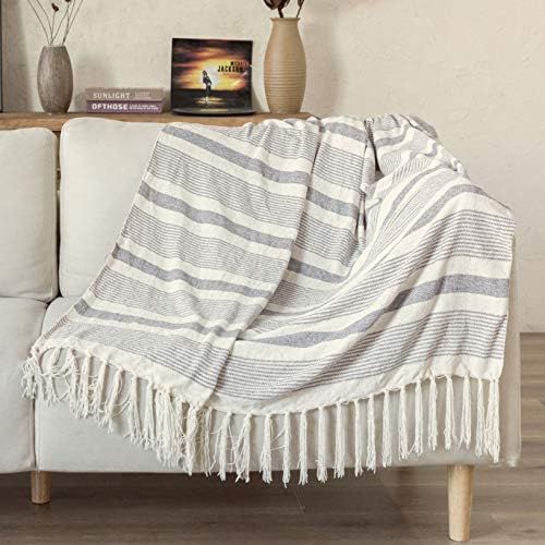 Decorative Grey Ivory Striped Throw with Fringe, Soft Chenille Knitted Farmhouse Lightweight Blan... | Amazon (US)