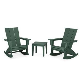 Modern Curveback Adirondack Rocking Chair Green 3-Piece HDPE Plastic Patio Conversation Set | The Home Depot