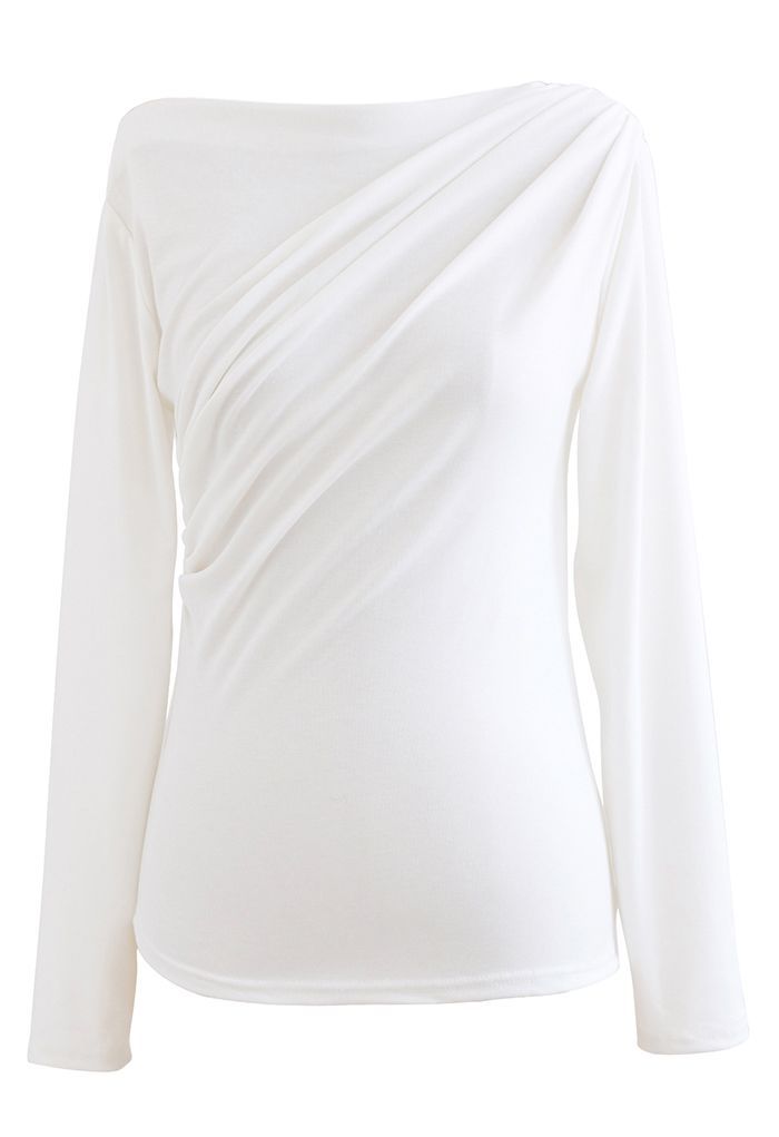 Ruched Front Long Sleeve Top in White | Chicwish