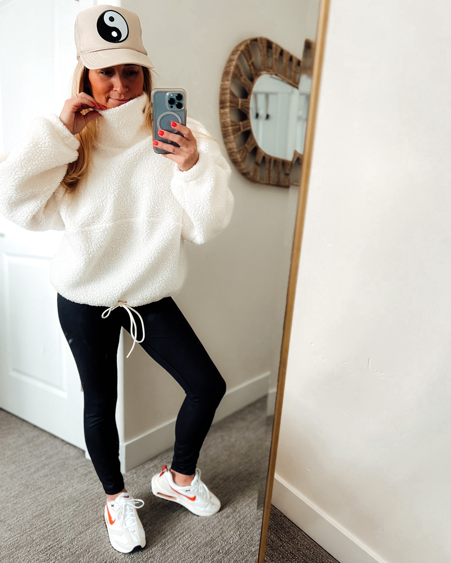#OOTD - Casual outfit! Great for traveling, running errands or working from home … what’s not to love about leggings, Nikes and a cozy sweater 🫶🏼 #traveloutfits #casualwear #workoutfits #leggings #nike 

#LTKstyletip #LTKsalealert #LTKshoecrush