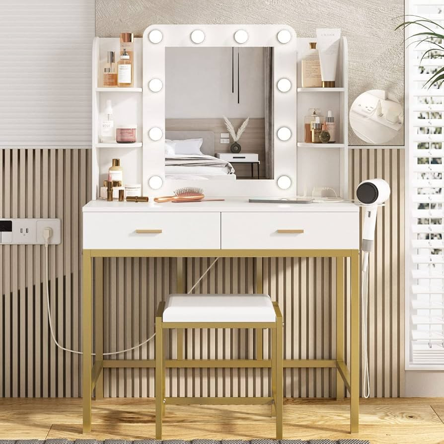 Vabches Vanity Desk with Mirror and Lights, with Charging Station,Makeup Vanity Table Set with Li... | Amazon (US)