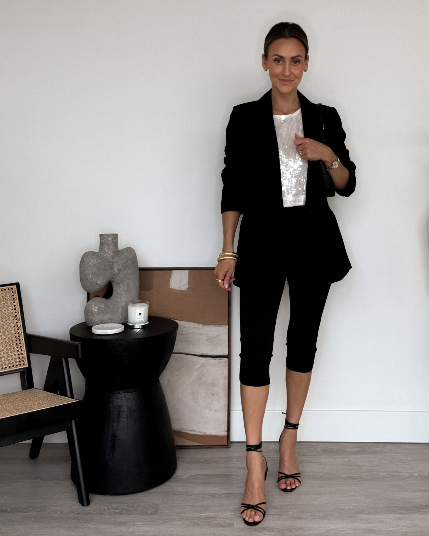 Capri pants styled for a night out 
Size XS super comfy and stretch fabric
Sequin top
Oversized blazer and strappy heels 


#LTKStyleTip #LTKFindsUnder100 #LTKParties