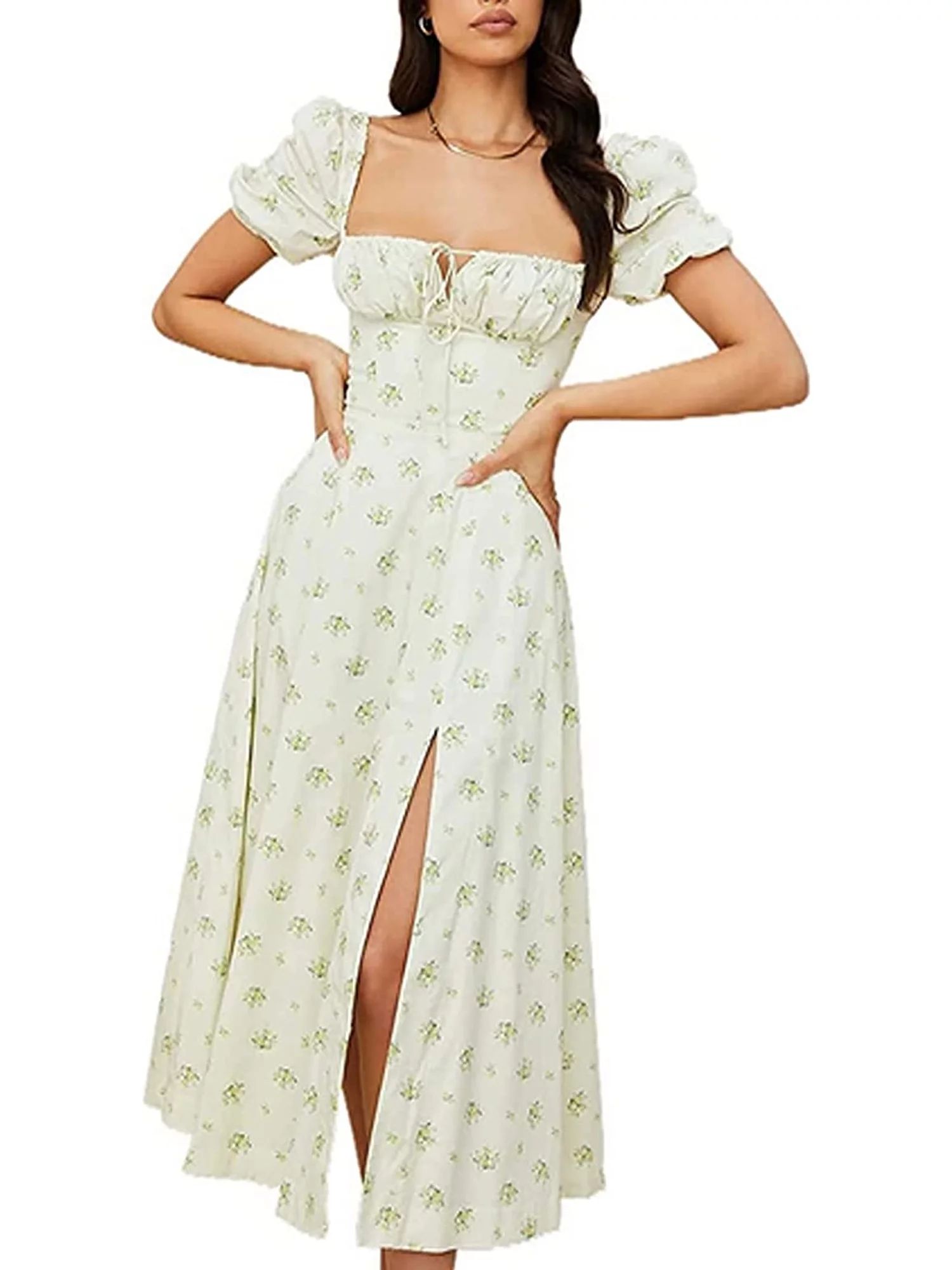 Women Boho Cottagecore Dress Puff Sleeve Vintage Dress Square Neck Floral Split Dress Flattering ... | Walmart (US)