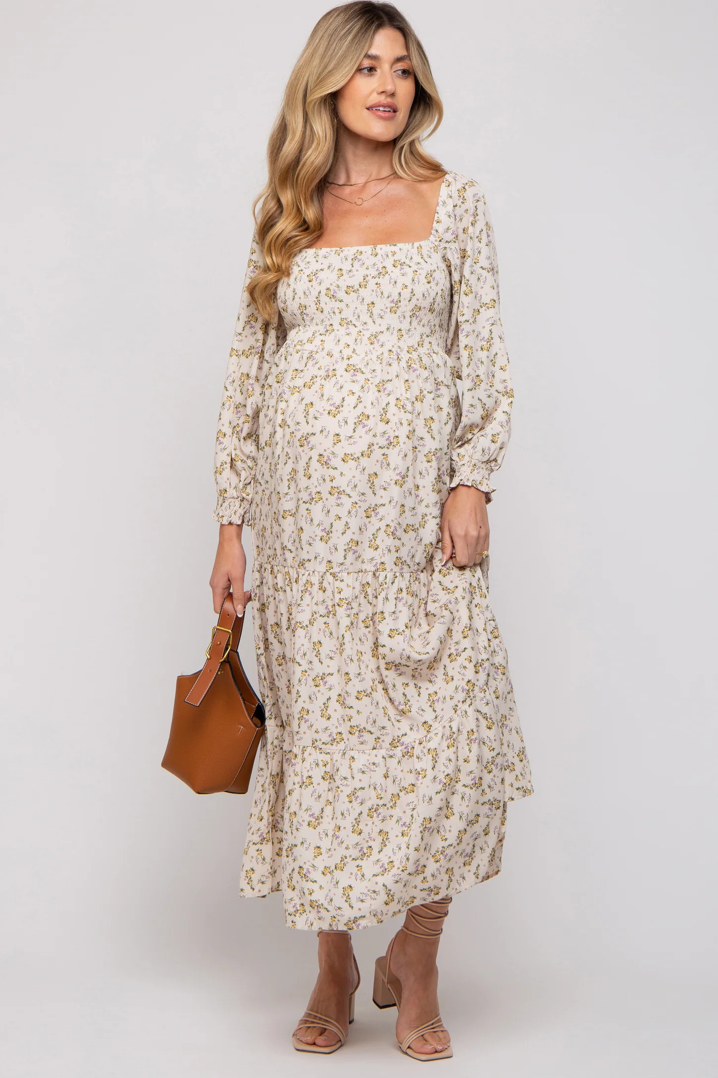 Cream Floral Smocked Long Sleeve Maternity Maxi Dress | PinkBlush Maternity