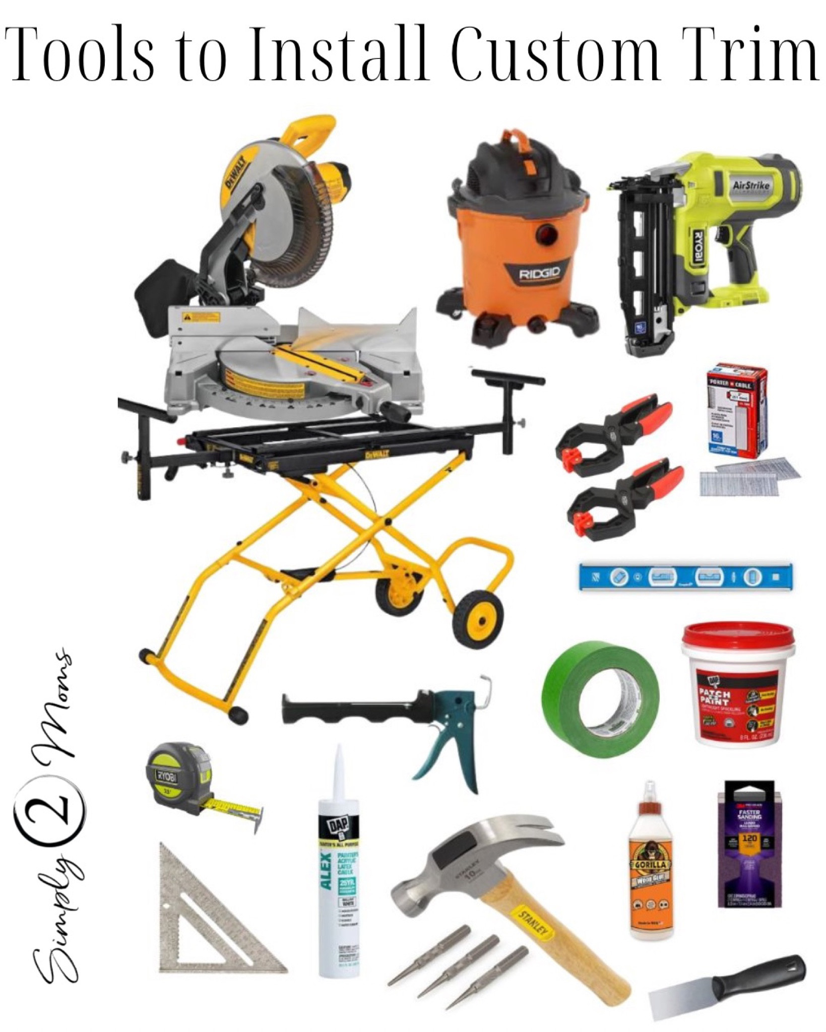 All the tools you need to install picture frame moulding, custom door headers, chair railing, and crown molding. The best compound miter saw and miter saw rolling stand. Connect the saw to a shop vac to reduce sawdust. The best cordless nail gun without an air compressor. Caulk gun and ratcheting clamps. You’ll love all the DIY projects you can complete with these tools!

#LTKhome