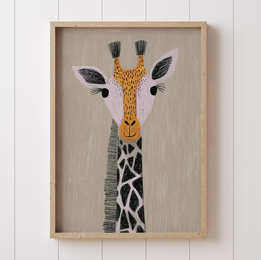 Giraffe Wall Art Print: Safari Animal Nursery Decor in Dusty Blue, Sage, Taupe | Etsy (US)
