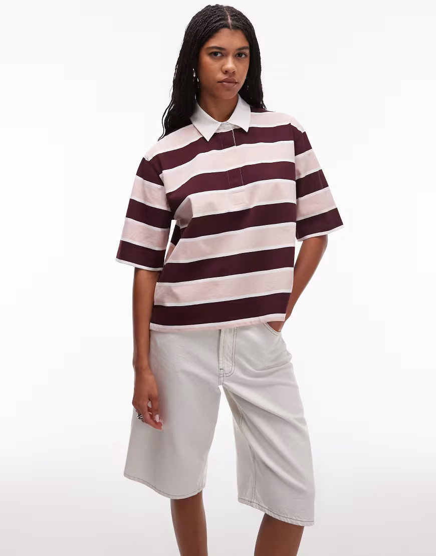 ARKET 3/4 sleeve rugby polo shirt in pink and burgundy stripes-Multi | ASOS (Global)