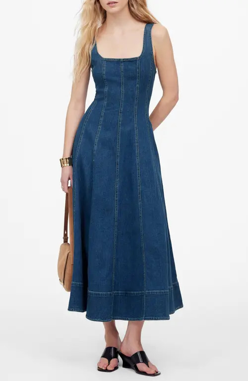 Madewell Seamed Denim Flare Midi Dress in Croswell Wash at Nordstrom, Size 0 | Nordstrom