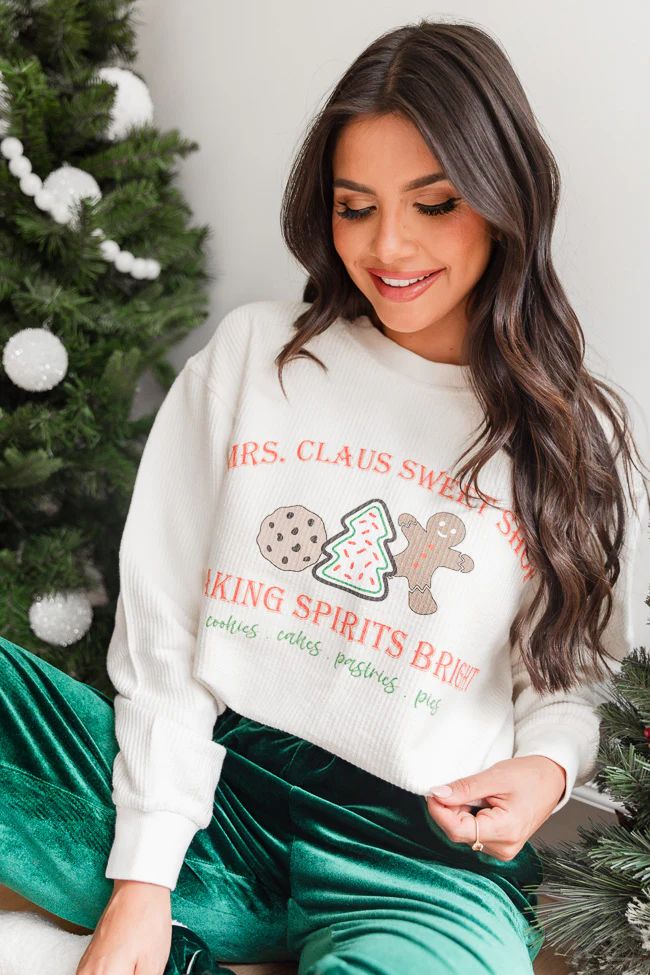 Mrs Claus Sweet Shop Ivory Corded Graphic Sweatshirt DOORBUSTER | Pink Lily