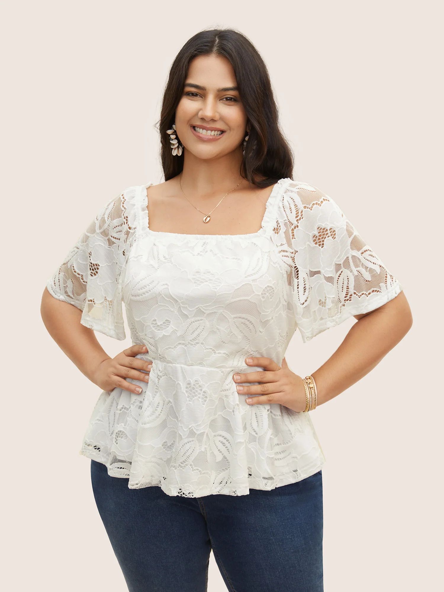 Square Neck Floral Lace Panel T-shirt | Bloomchic