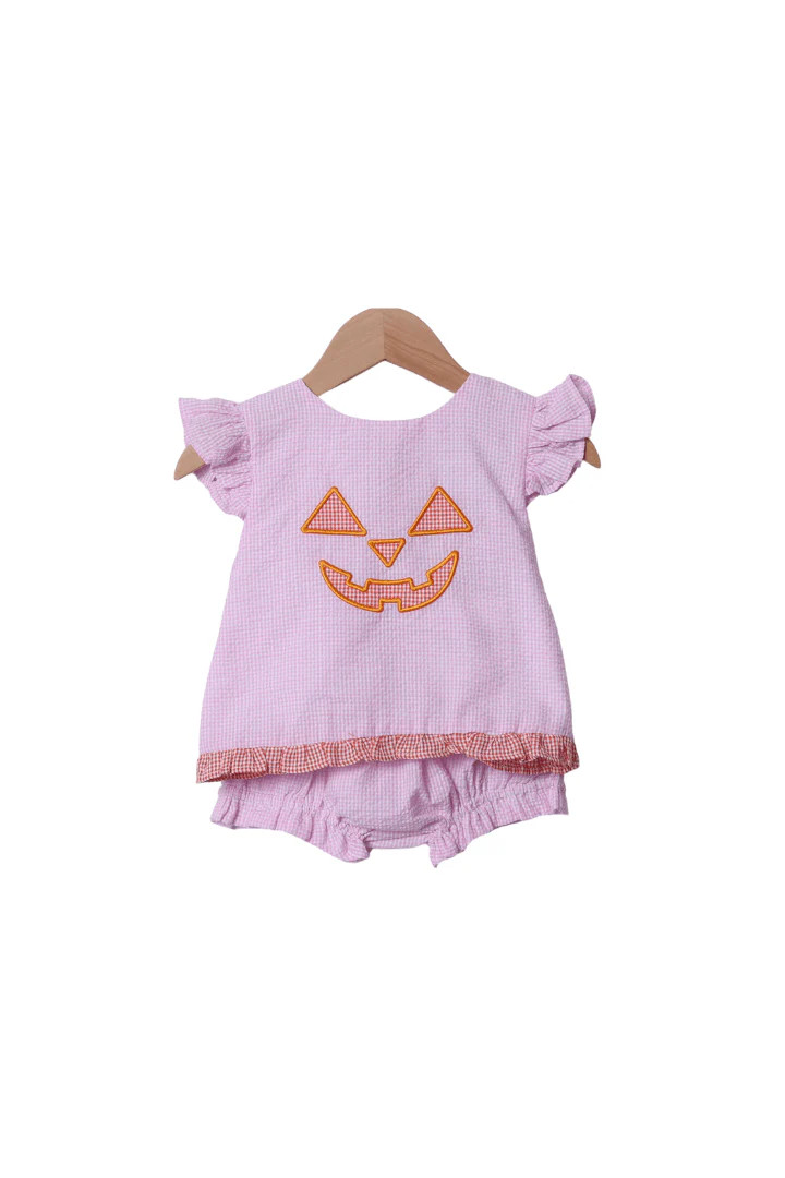 Pink Seersucker Jack O Lantern Bloomer Set | The Smocked Flamingo