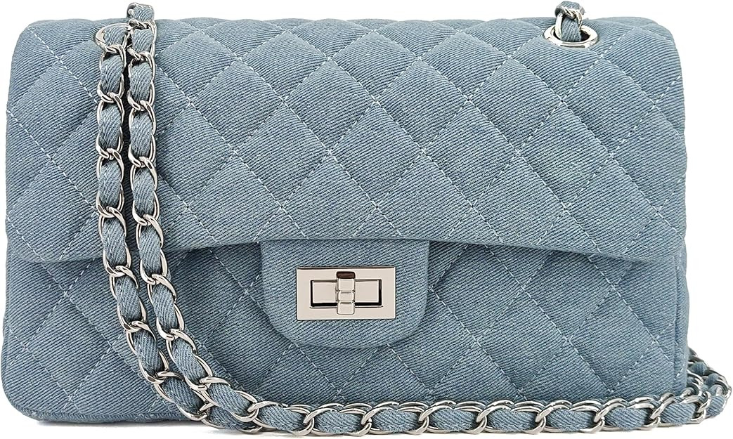 M-ioi-M Quilted Denim Crossbody Bags for Women, Chain Strap Shoulder Bags, Medium Double Flap Pur... | Amazon (US)