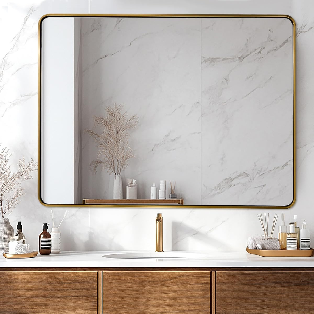 48x36 Inch Gold Bathroom Mirror, Brushed Gold Mirrors for Wall in Anti-Rust SUS304 Tube Metal Frame, Rounded Rectangle Mirrors 1’’ Deep Wall Mounted Vertically/Horizontal for Bathroom | Amazon (US)
