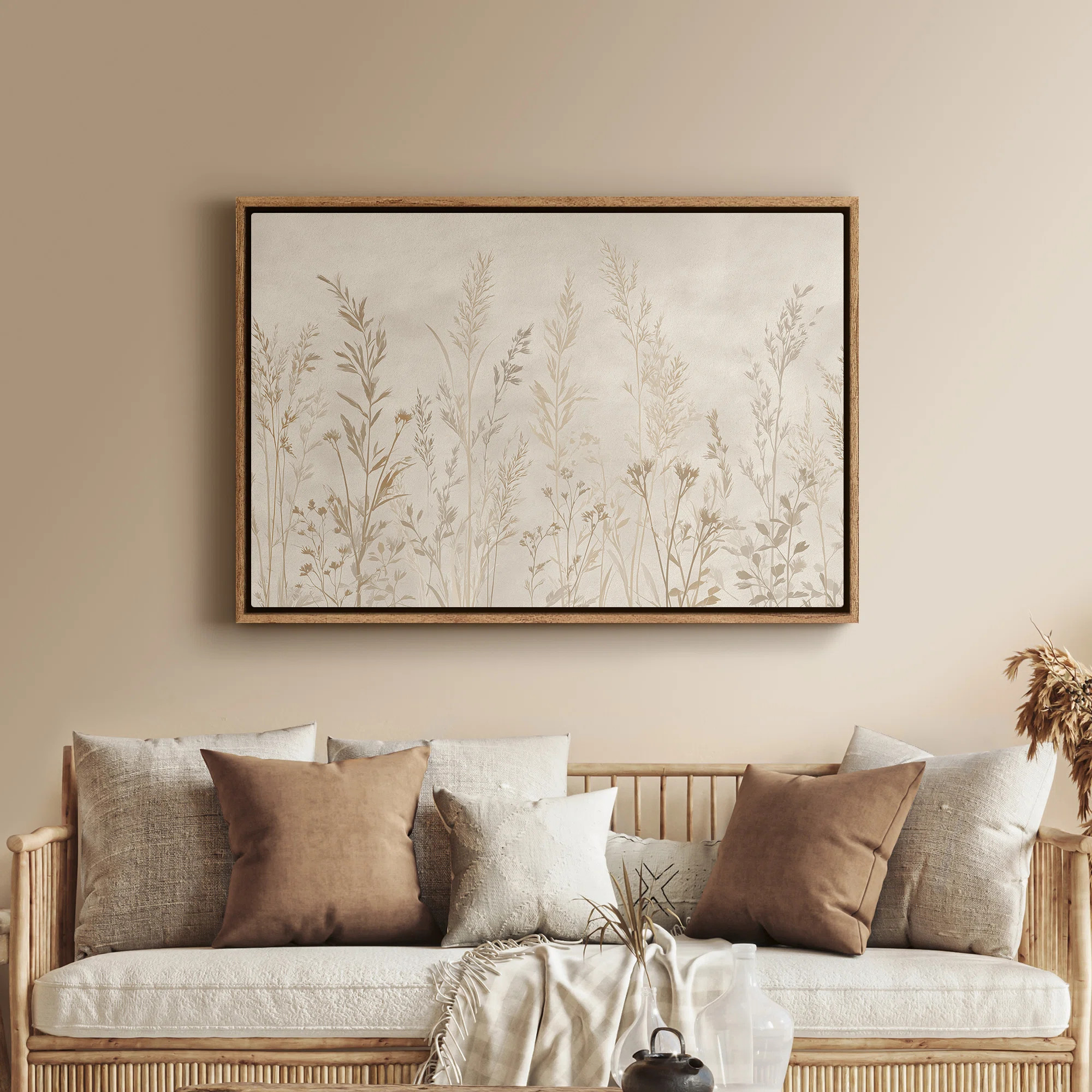 Framed Canvas Wall Art - Minimal Botanical Meadow Silhouette in Soft Beige Neutrals - 16"x24", 24"x36 | Wayfair North America