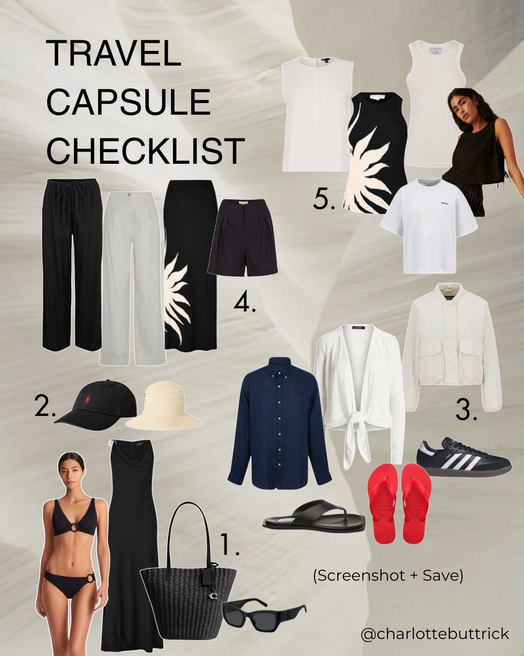 Chic travel capsule wardrobe that fits in a carry on ➡️ using the 5,4,3,2,1 packing method 🧳✈️  (21 items checklist + day to night holiday outfits inspo) 

Most items are now on sale!

Whether you are going on a city break, girls trip, or a week long holiday you can travel with all the summer outfits you need with under 30 items (wearing a number of those items as airport outfits too) in packing smart also gives you less decision fatigue for what to wear when travelling. 

STYLIST TIP: don’t forget to pack basic layers like t-shirts and tank tops, trousers and shorts in neutral colours that all work together (think all cool tones or all warm tones) and add with a pop of colour in accessories and/or one or two statement pieces (like a red top or two subtle patterned pieces) for a chic and cohesive capsule wardrobe which endless outfit options! 

#capsulewardrobe

#LTKuk #LTKsummer #LTKtravel
