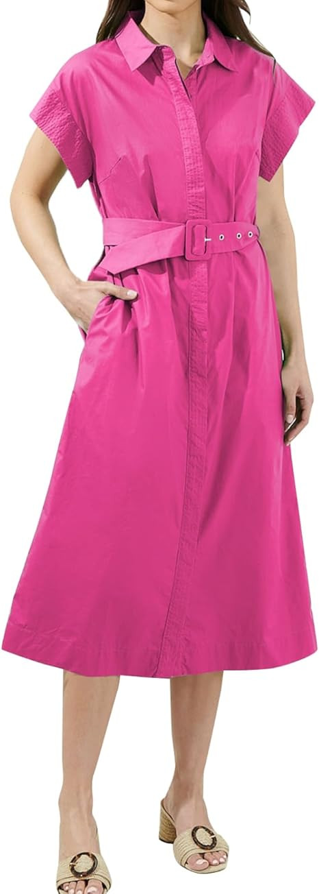 Womens Casual Summer Wing Sleeve Midi Shirt Dress Collared V Neck Shift Dresses with Belt Rose at... | Amazon (US)