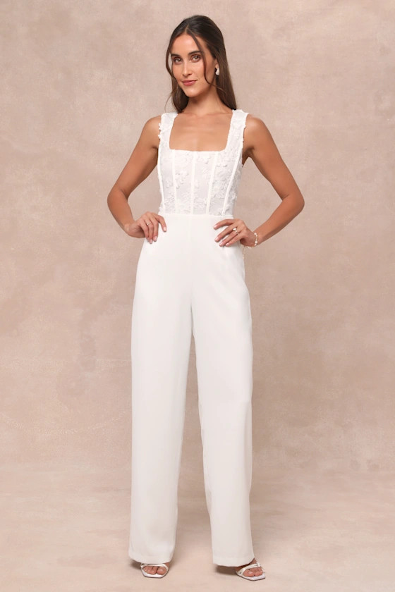 Truly Profound White Mesh 3D Floral Embroidered Bustier Jumpsuit | Lulus