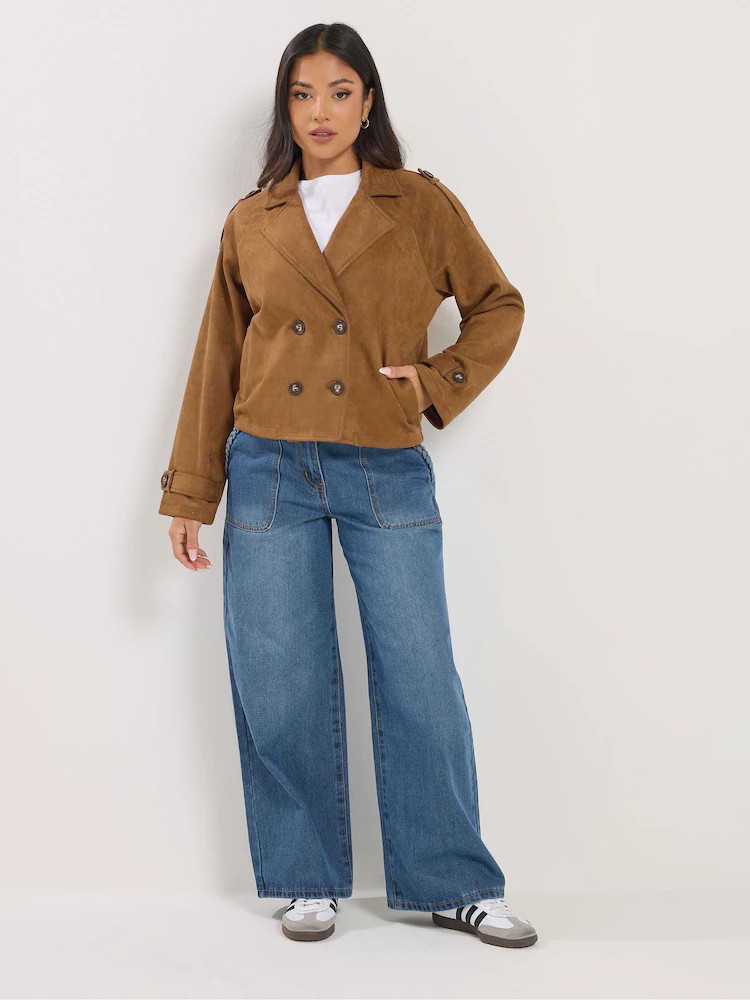 PixieGirl Petite Brown Suedette Cropped Trench Coat | Next US