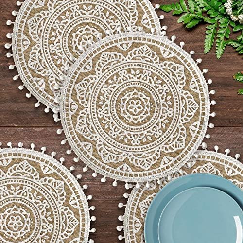 4pcs Mandala Boho Round Placemats, 16 inches Farmhouse Placemats, Jute Table Mats with Pompoms Ta... | Amazon (US)