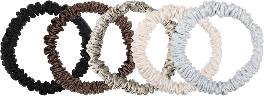 5 Pcs 19 Momme Pure Mulberry Silk Skinny Scrunchies and Ponytail Holders for Women's Hair Sleep | Amazon (US)