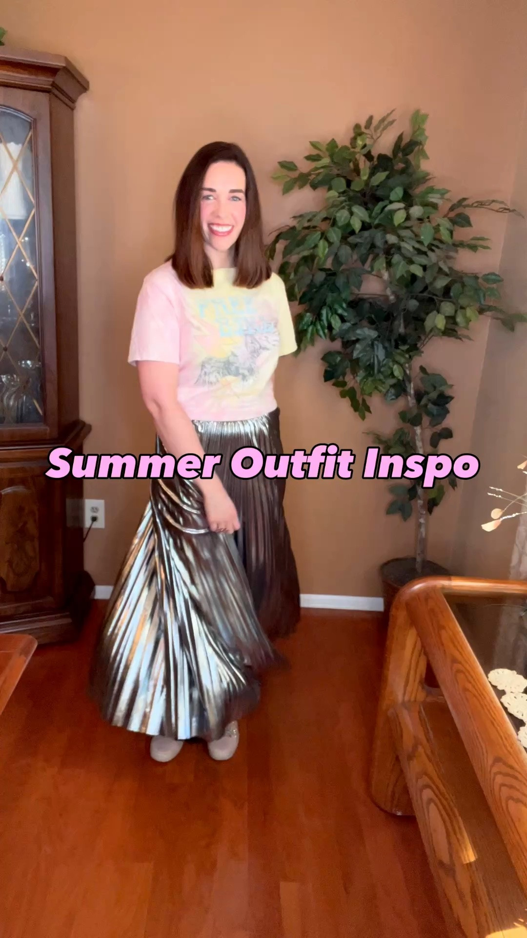 Free bird graphic t-shirt (s). Silver pleated maxi skirt (s). Pink suede studded sneakers (8.5). #tshirt #graphictshirt #freebirdtshirt #skirt #maxiskirt #silverskirt #pleatedskirt #sneakers #studdedsneakers #pinksneakers #suedesneakers #summeroutfits 
summer outfits
date night outfits

#LTKootd #LTKSeasonal