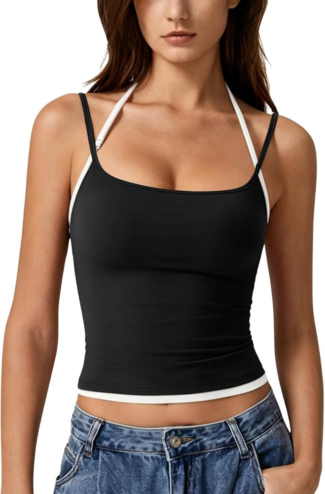 QINSEN Women's Spaghetti Strap Tank Top Slim Fitting Layered Halter Neck Sleeveless Crop Cami Shi... | Amazon (US)