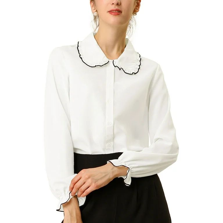 Unique Bargains Women's Peter Pan Collar Sweet Ruffle Long Sleeves Shirt | Walmart (US)