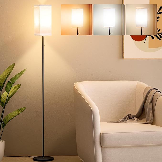 Tall Floor Lamp with Linen Shade - 3 Color Temperature, Black, LED Bulbs, Pull Chain Switch, Easy... | Amazon (US)