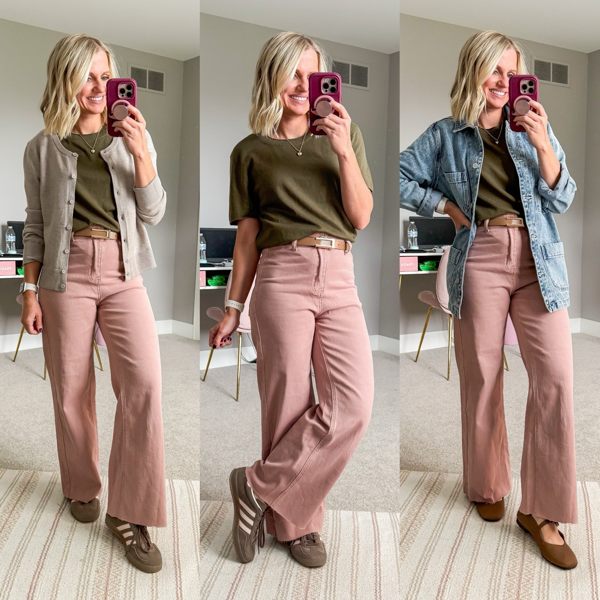 Fall Capsule 2026 🍂 Three ways I'm styling my pink corduroy wide-leg pants! This is look 3 of 8 with this piece — my 20-piece capsule mixes and matches into 120 outfits. Which one is your favorite?! Shop the pieces on my LTK! 🤎 

 #fallcapsulewardrobe #capsulewardrobe #falloutfits #fallfashion #petitestyle #affordablefashion #ltkstyle #ltkfall