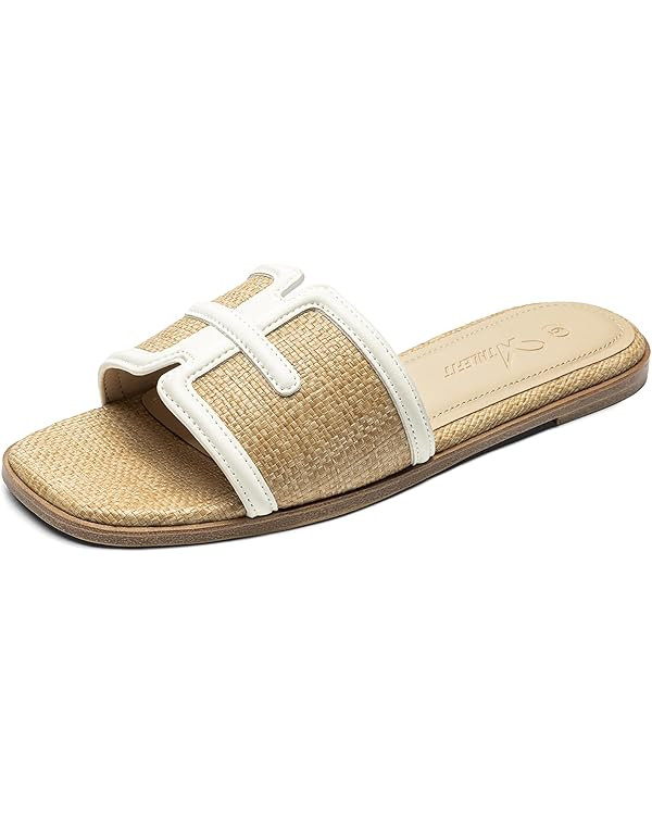 Athlefit Flat Sandals for Women Dressy Summer Square Open Toe Comfortable Slip On Beach Slide San... | Amazon (US)