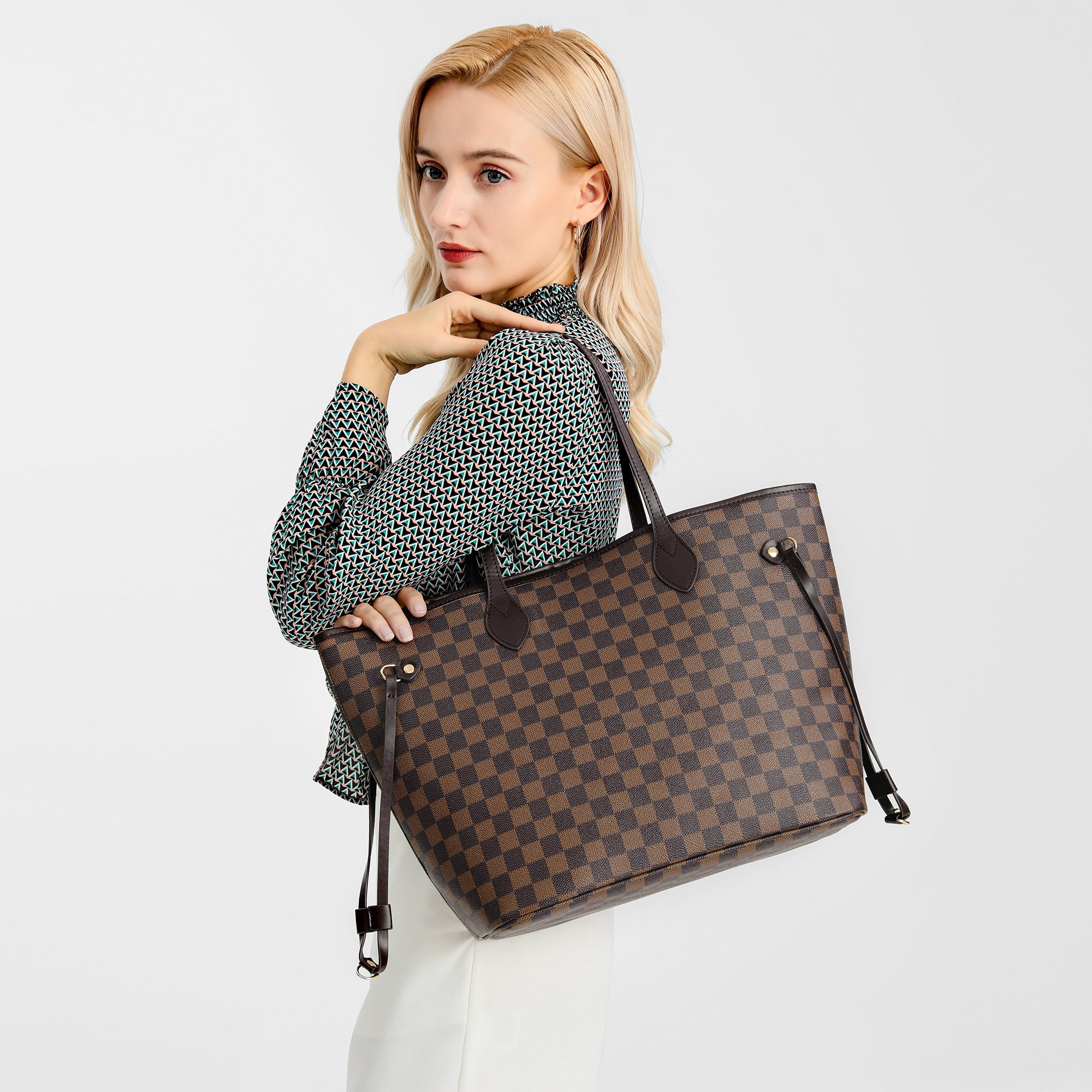 Mila Kate Womens Brown Checkered Tote Shoulder Bag Purse With Inner Pouch - PU Vegan Leather Shou... | Walmart (US)