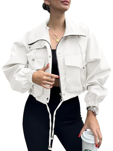 Tankaneo Womens Cropped Jacket Zip Up Lightweight Oversized Utility Anorak Coat with Pockets | Amazon (US)