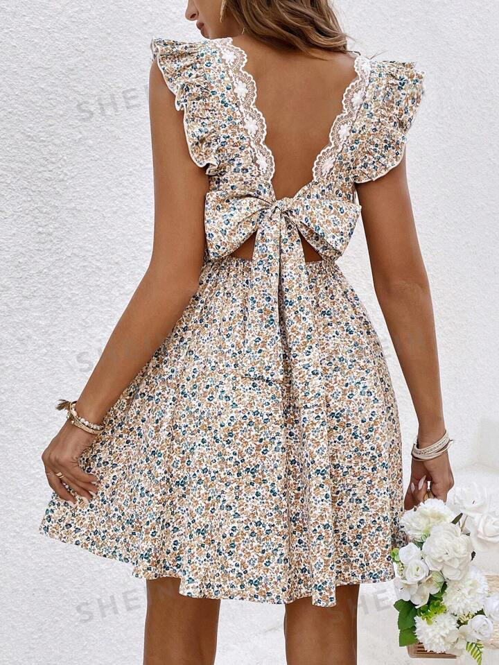 SHEIN Frenchy Floral Print V-Neck Dress With Ruffled Hem And Belted Waist Detail | SHEIN